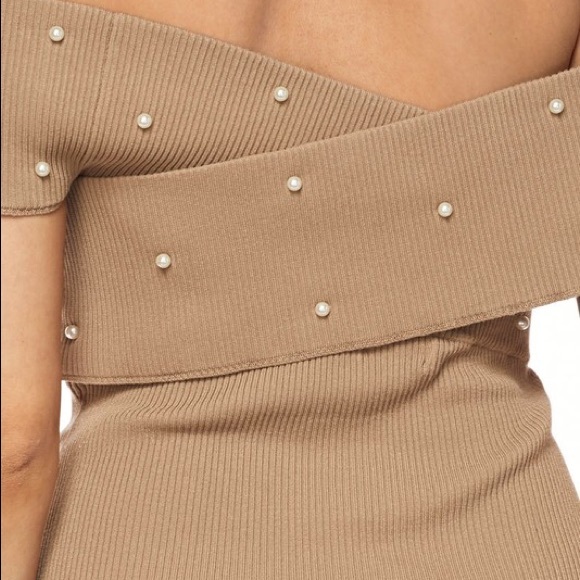 Romantic Ribbed Off-Shoulder Pearl Detail Bodycon - Nude - Picture 2 of 6